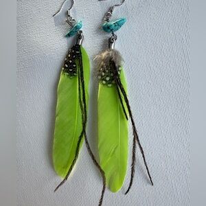 Vibrant lime green Feather Earrings with Turquoise Accents